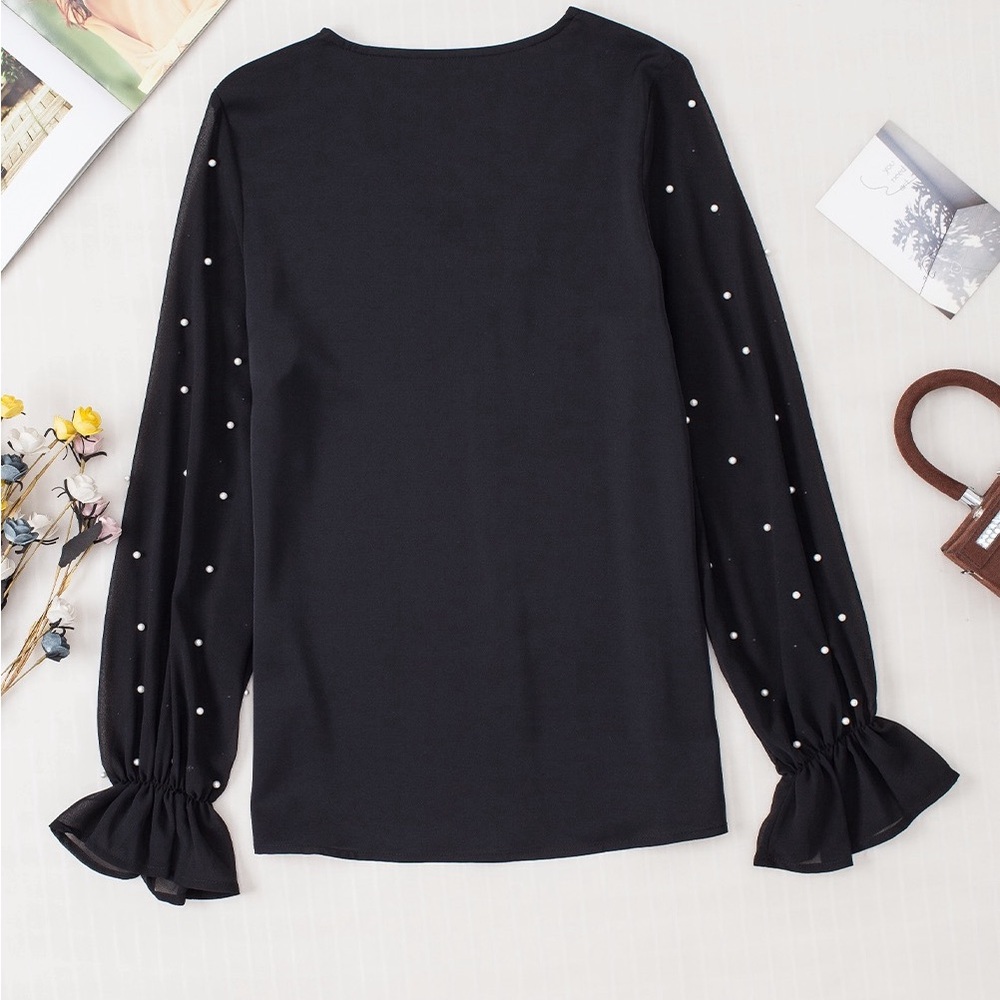 Black Pearl Mesh Flounce Sleeve V Neck Blouse - Picture 12 of 15